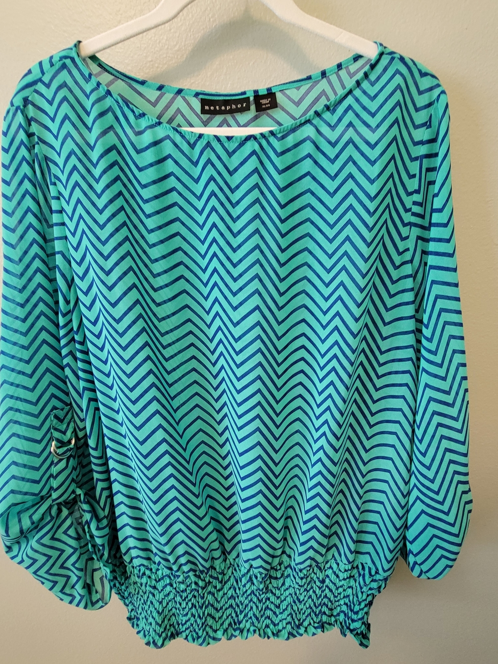 Metaphor Teal and Navy Chevron Long-Sleeve Blouse